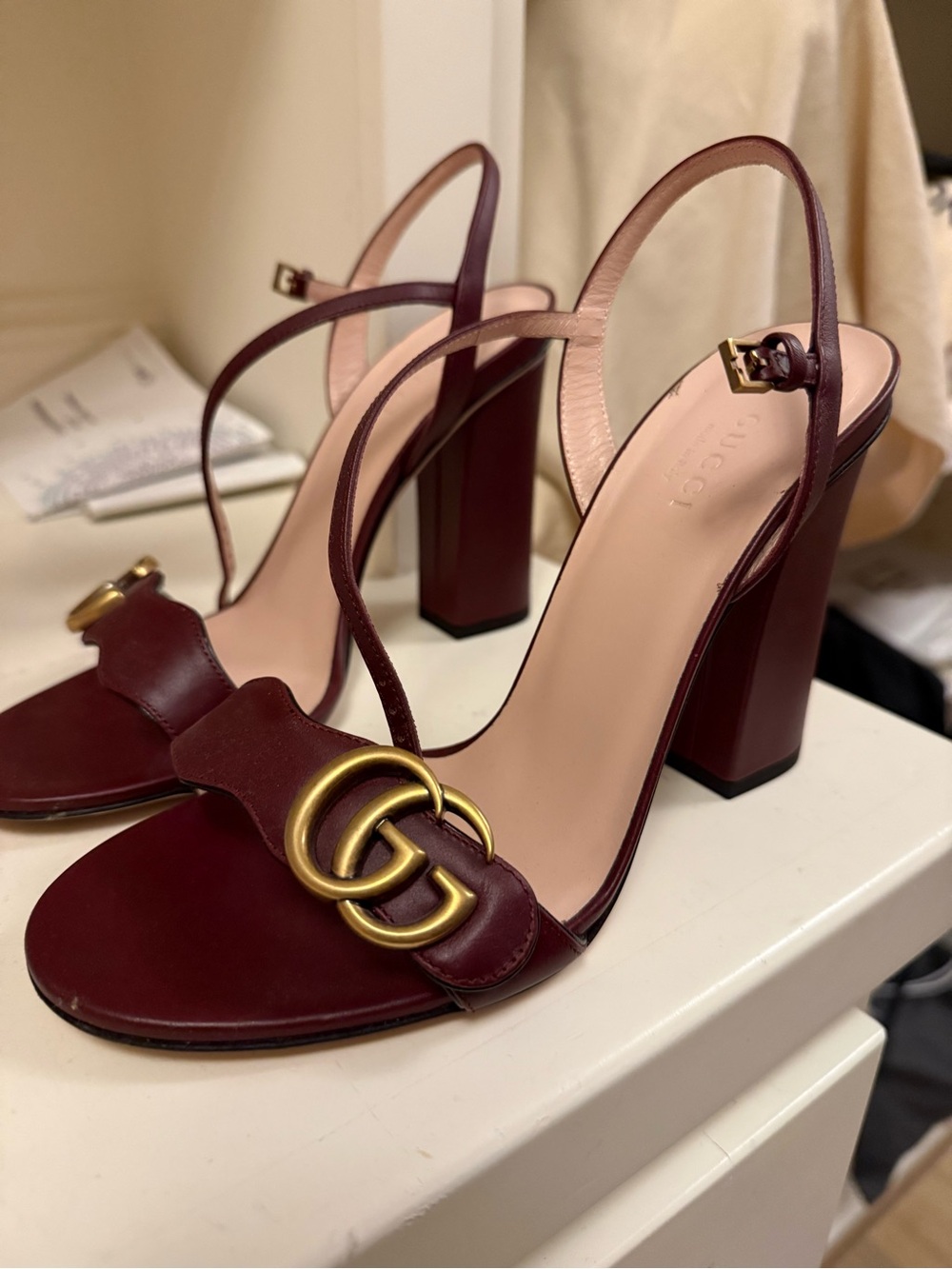Gucci Burgundy Leather GG Slingback Heels with Gold Hardware